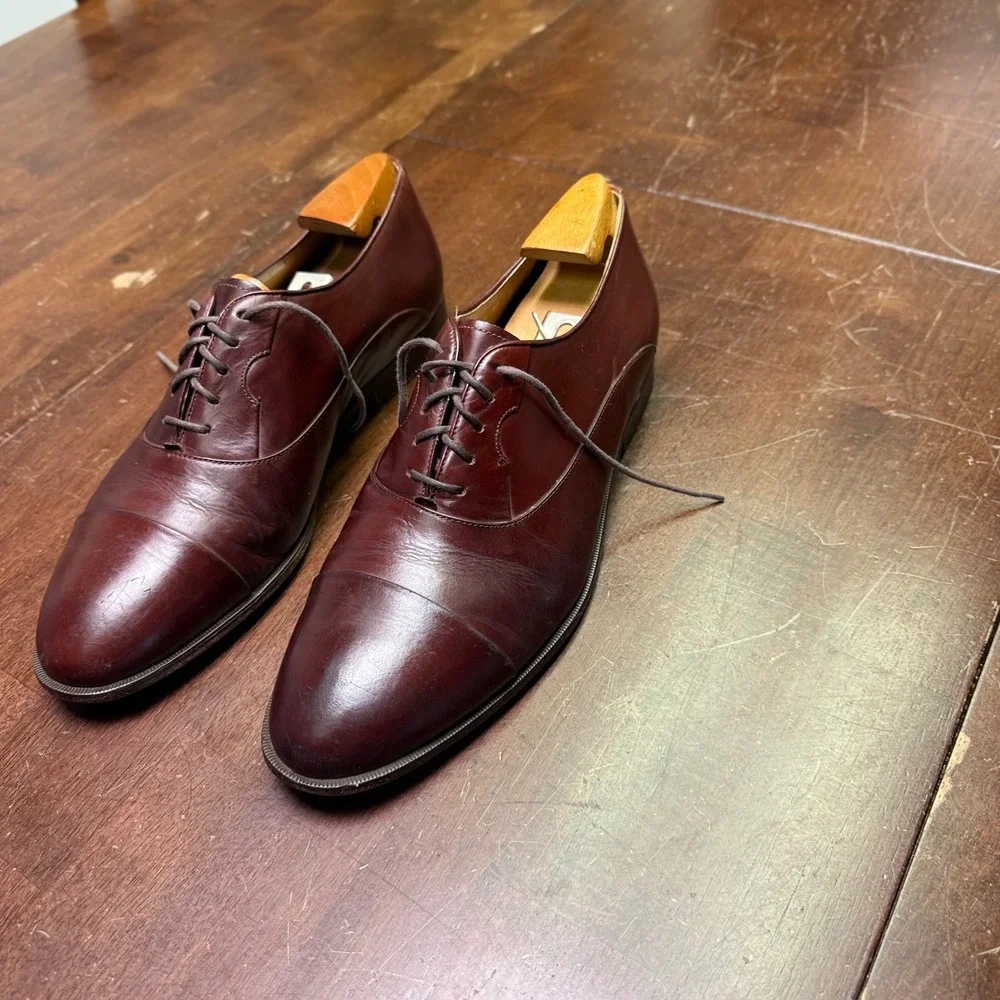Paragon Oxford Shoes Mens 9.5 Burgundy Handcrafted Leather Cap Toe Dress Shoes